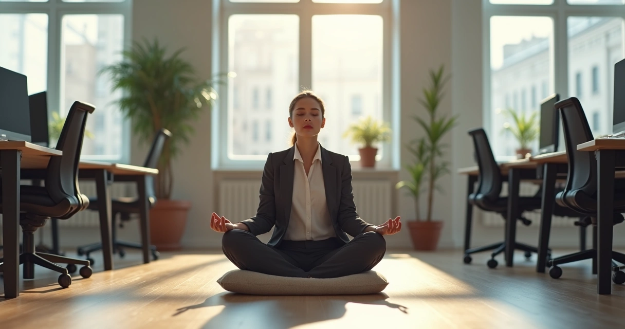 Pessoa sentada em posição de meditação em escritório, com luz suave 
