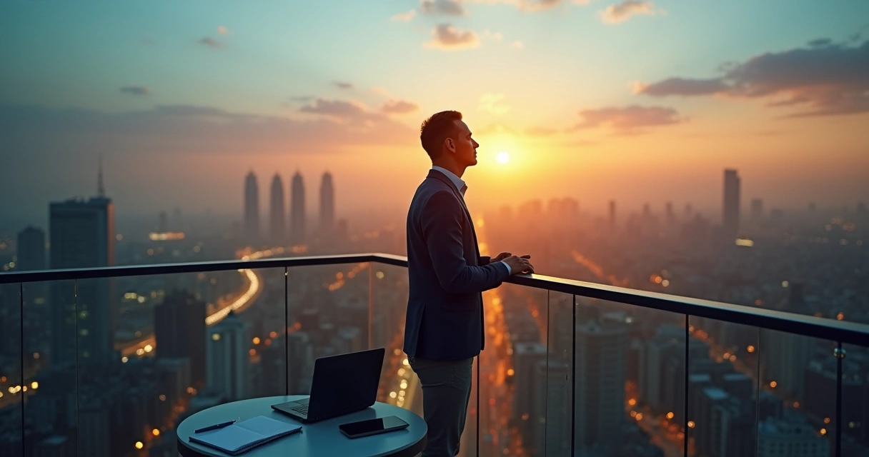 Líder em pé em terraço urbano respirando fundo ao amanhecer 