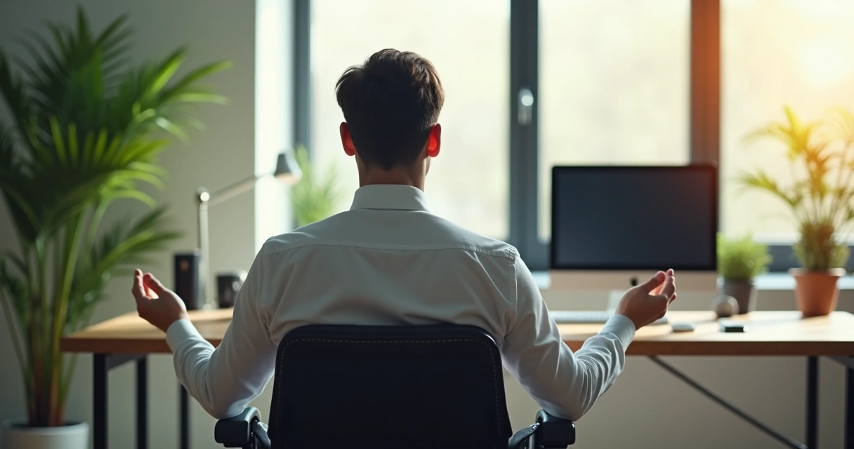Persona meditando sentada en una silla en oficina moderna, escritorio y plantas al fondo 