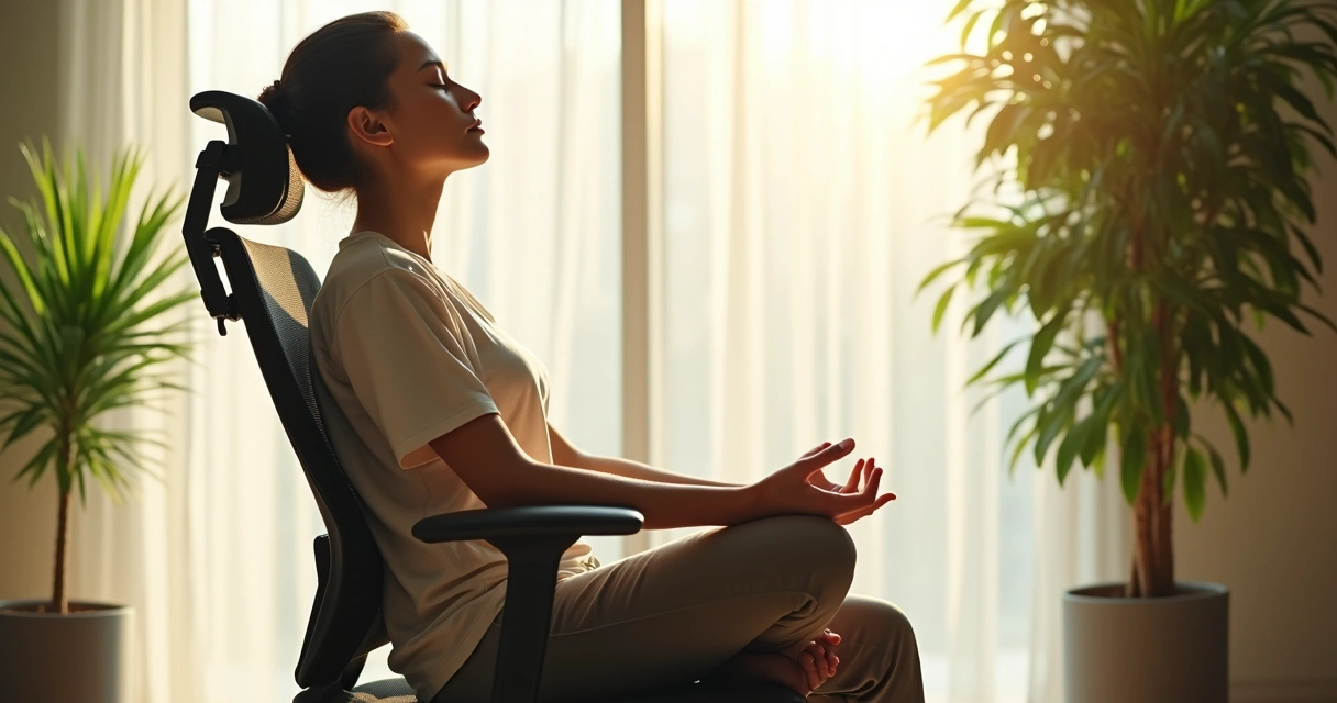 Persona medita en silla de oficina junto a planta y ventana. 