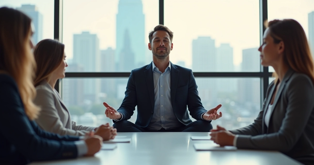 Líder sentado em postura de meditação ao lado de uma mesa de reuniões. 