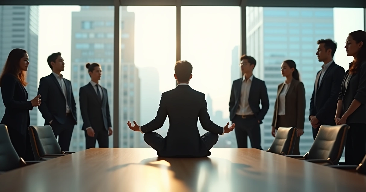 Líder sentado em posição de meditação em sala de reunião com equipe ao fundo. 