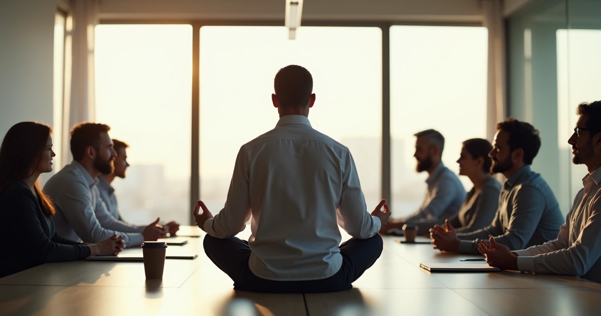 Pessoa em posição de meditação no centro de uma sala de reuniões