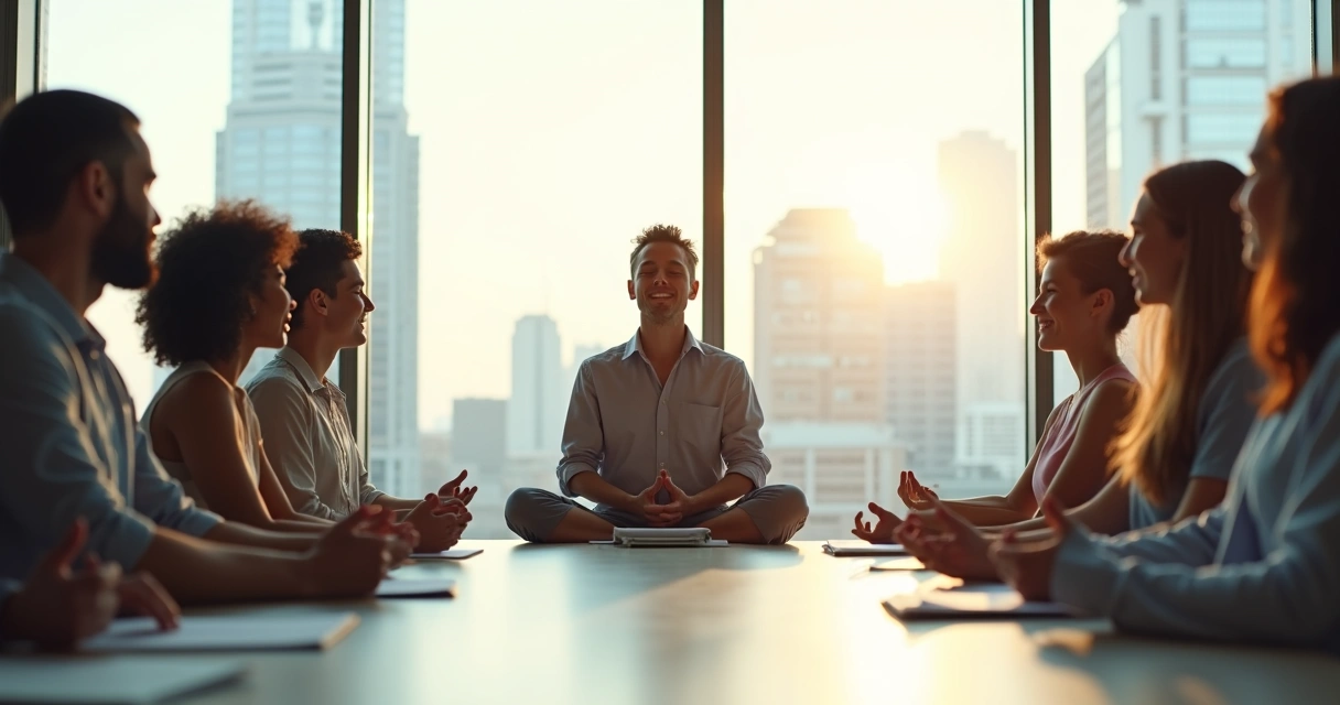 Líder sentado em posição de meditação em sala de reuniões, com equipe observando 