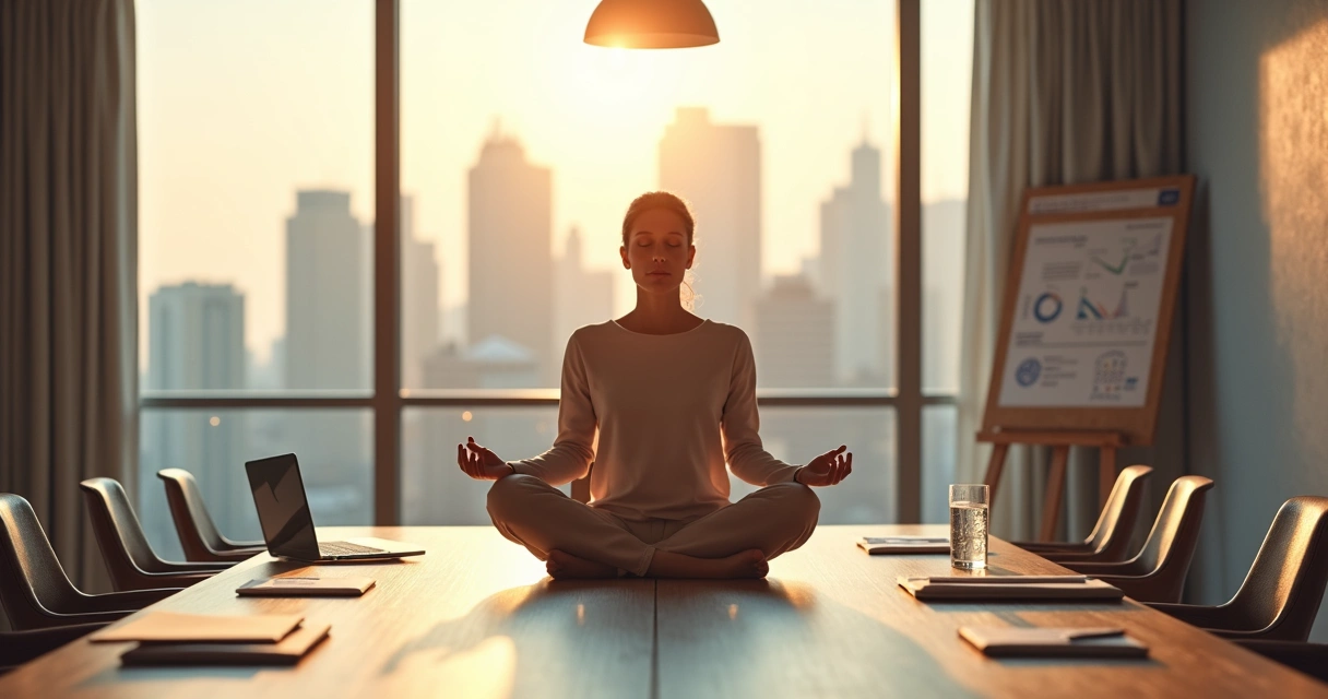 Líder meditando em sala de reunião antes de tomar decisão importante 