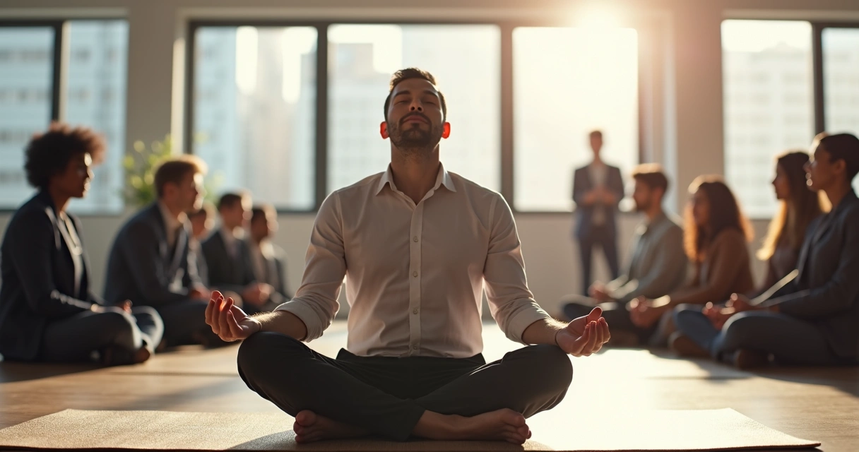 Líder sentado em posição de meditação com equipe ao fundo 