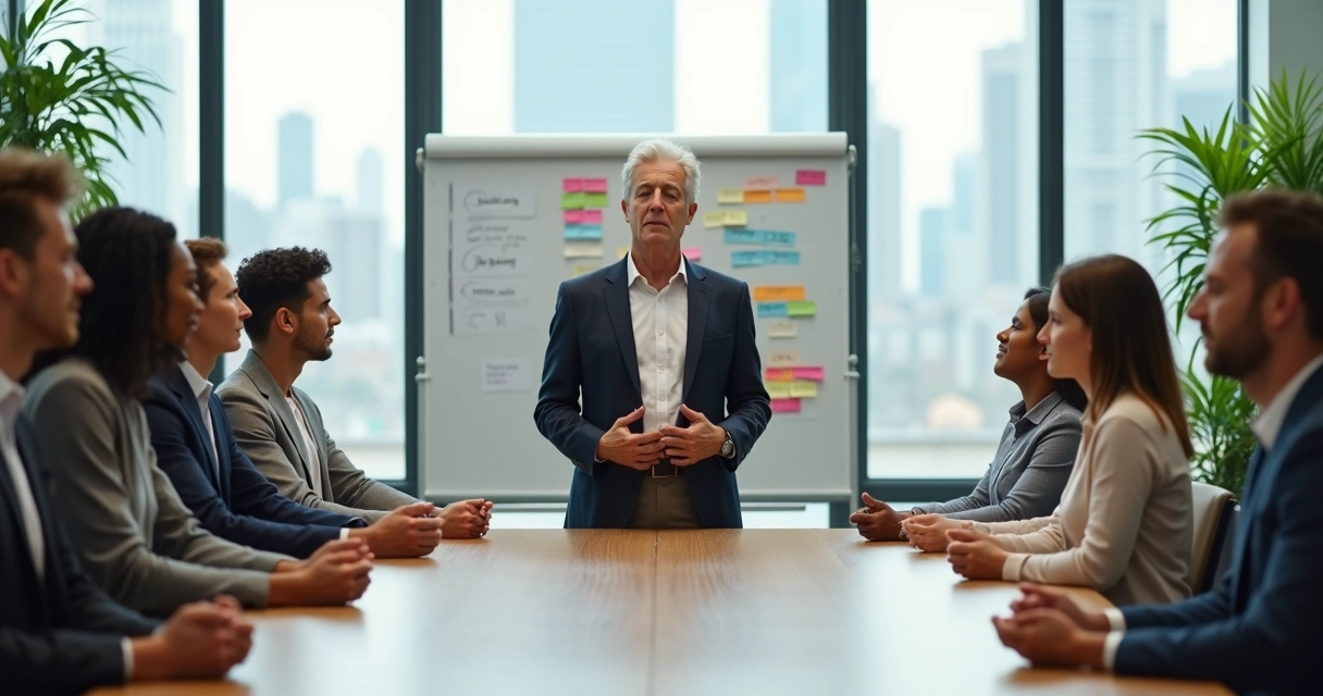 Líder em meditação guiando equipe diversa em sala de reunião moderna 