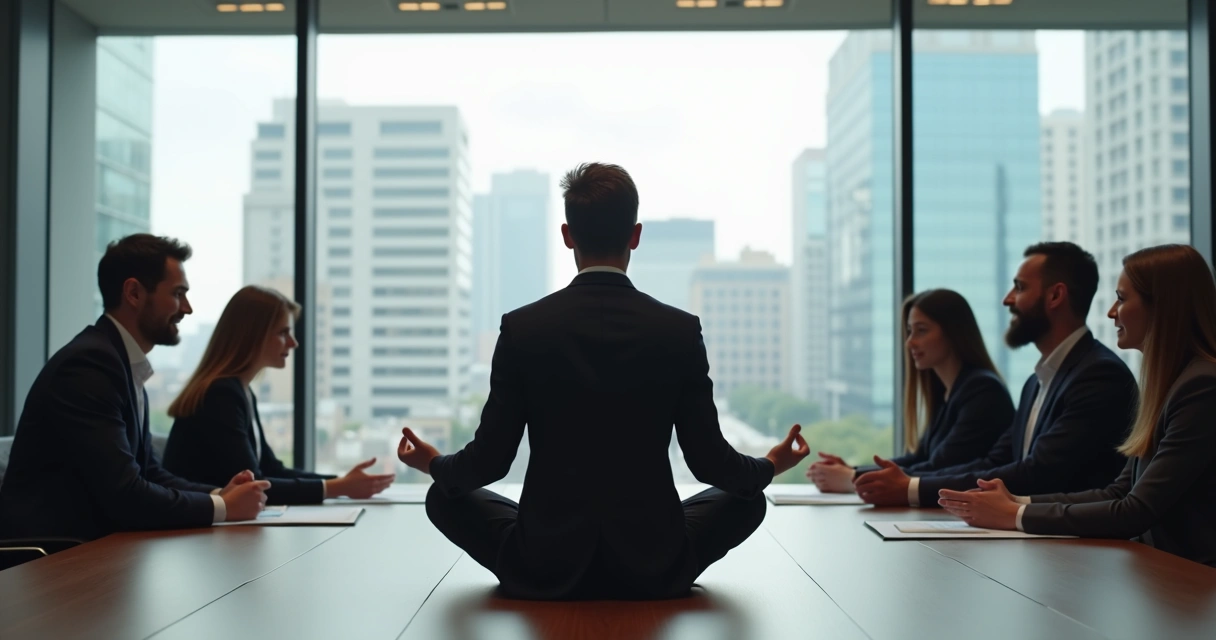 Líder sentado em posição de meditação com equipe de trabalho ao fundo 