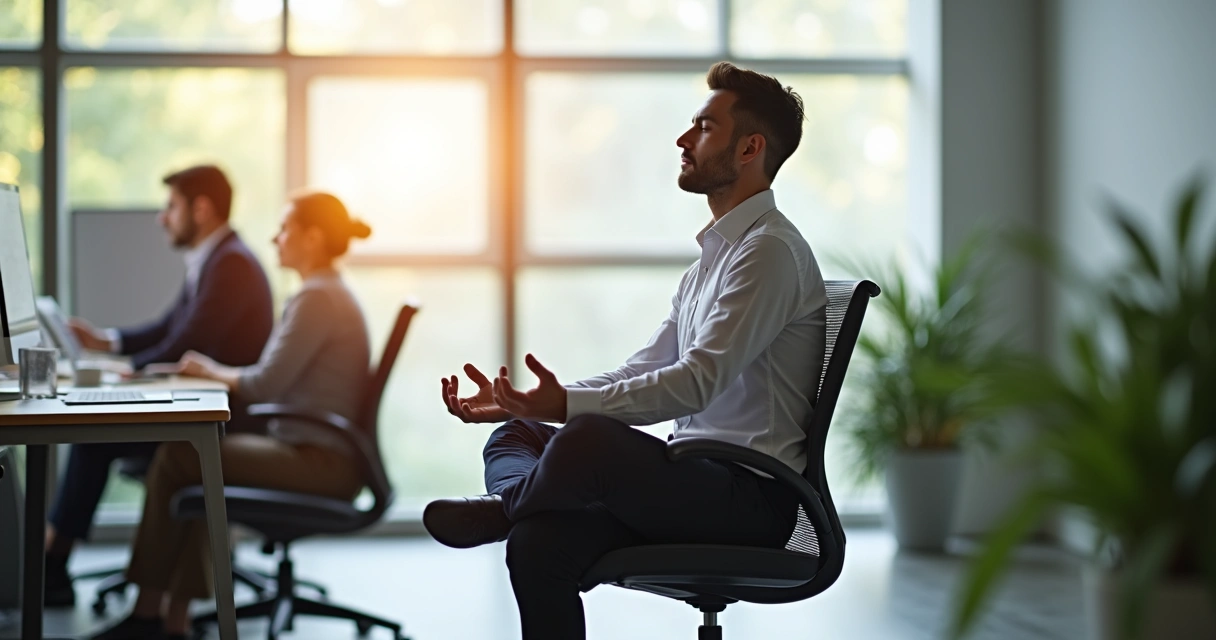 Líder sentado em cadeira meditando em ambiente de escritório claro 