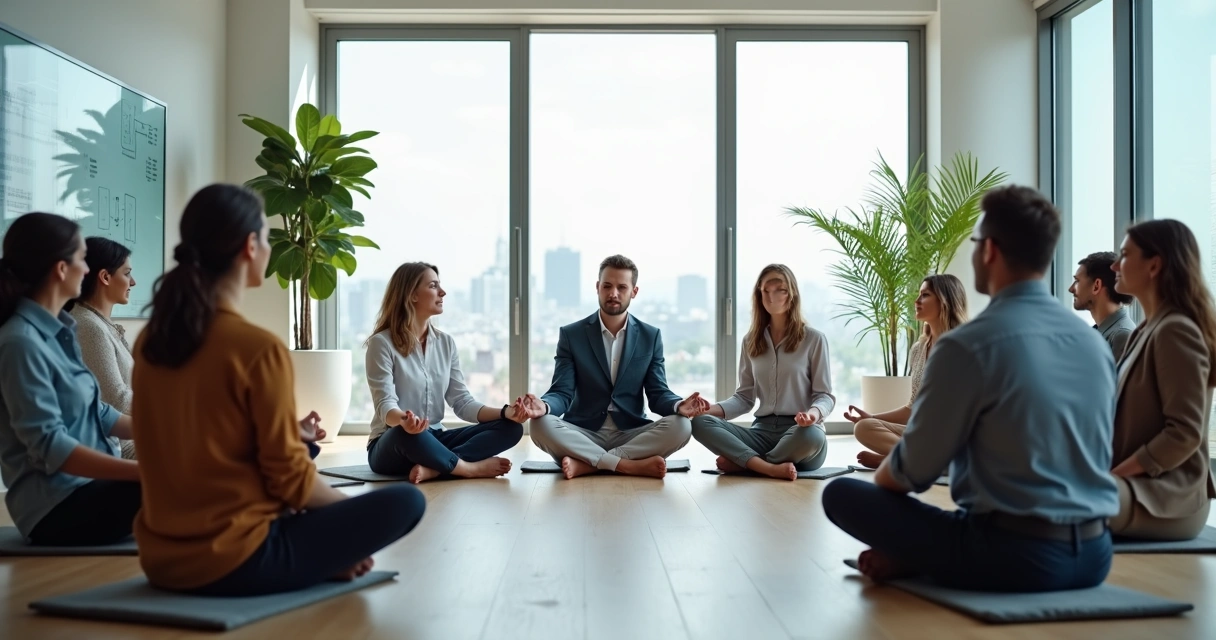 Líder conduzindo meditação guiada em grupo de equipe corporativa 