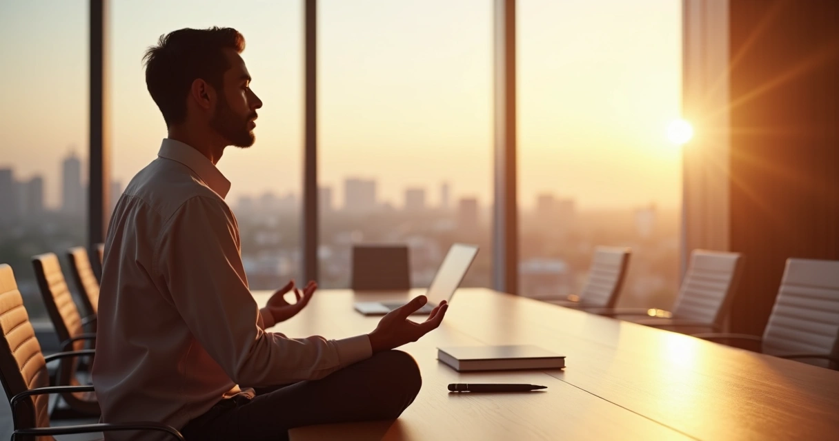 Líder em meditação em sala de reunião moderna 