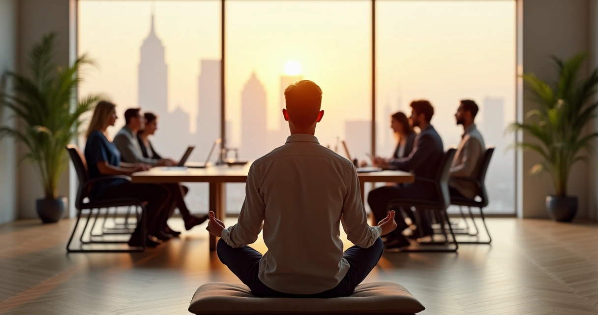 Líder em postura de meditação sentado em sala de reunião moderna com equipe ao fundo 