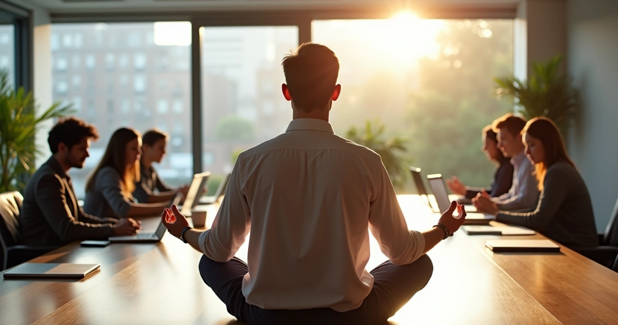 Líder sentado em posição de meditação em uma mesa de reunião 
