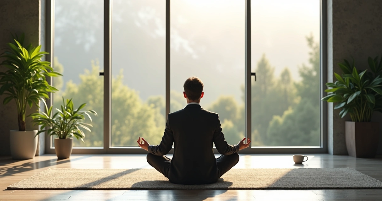 Líder sentado em postura de meditação em escritório moderno, luz suave entrando pela janela