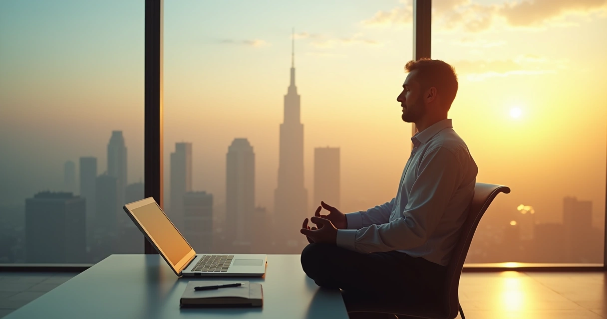 Líder meditando frente a un horizonte difuso con caminos inciertos 