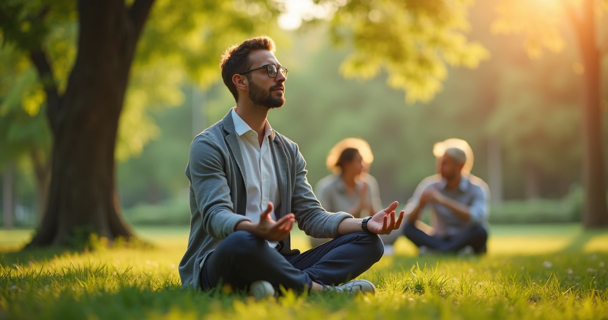 Líder sentado em área externa, meditando com equipe ao fundo