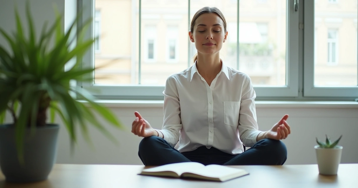 Líder sentado em silêncio, meditando em escritório tranquilo, refletindo sobre autoconhecimento 