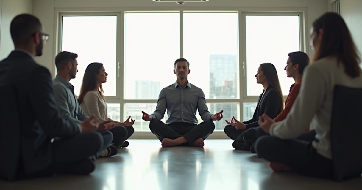 Líder sentado em posição de meditação em sala de reunião ampla, luz suave atravessando janelas, colegas ao redor aguardando com atenção 