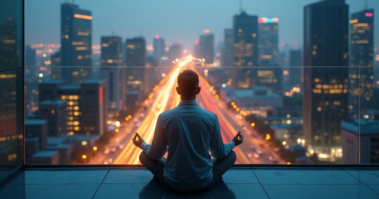 Líder meditando en un mirador con la ciudad iluminada al fondo 