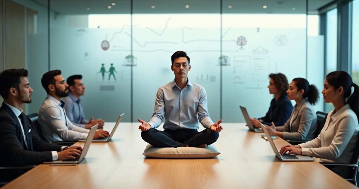 Líder meditando em sala de reunião com equipe observando atenta 