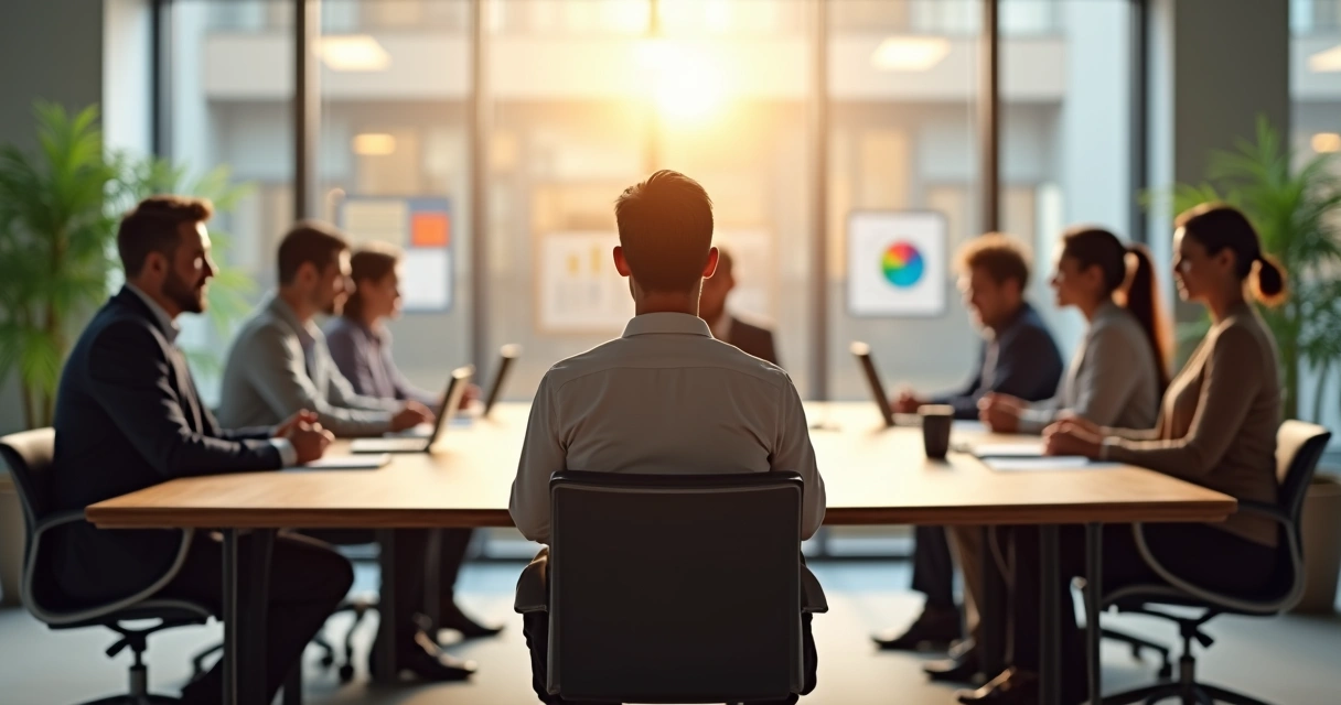 Líder sentado meditando em sala de reunião com a equipe ao fundo 