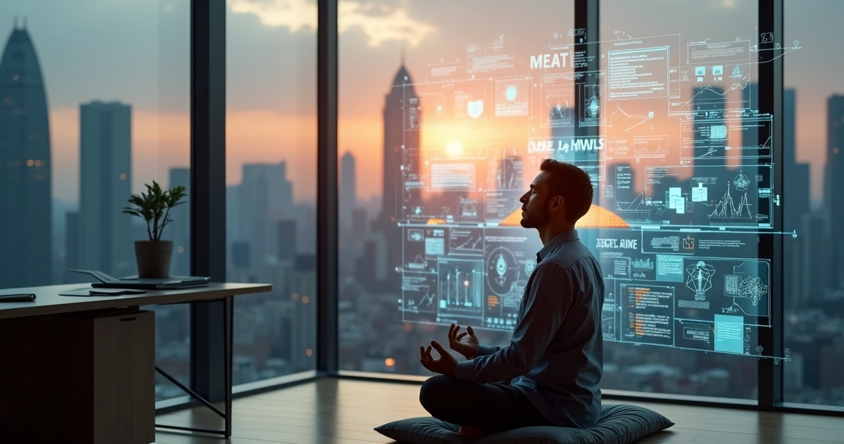 Líder sentado em meditação diante de painel com gráficos e decisões complexas 