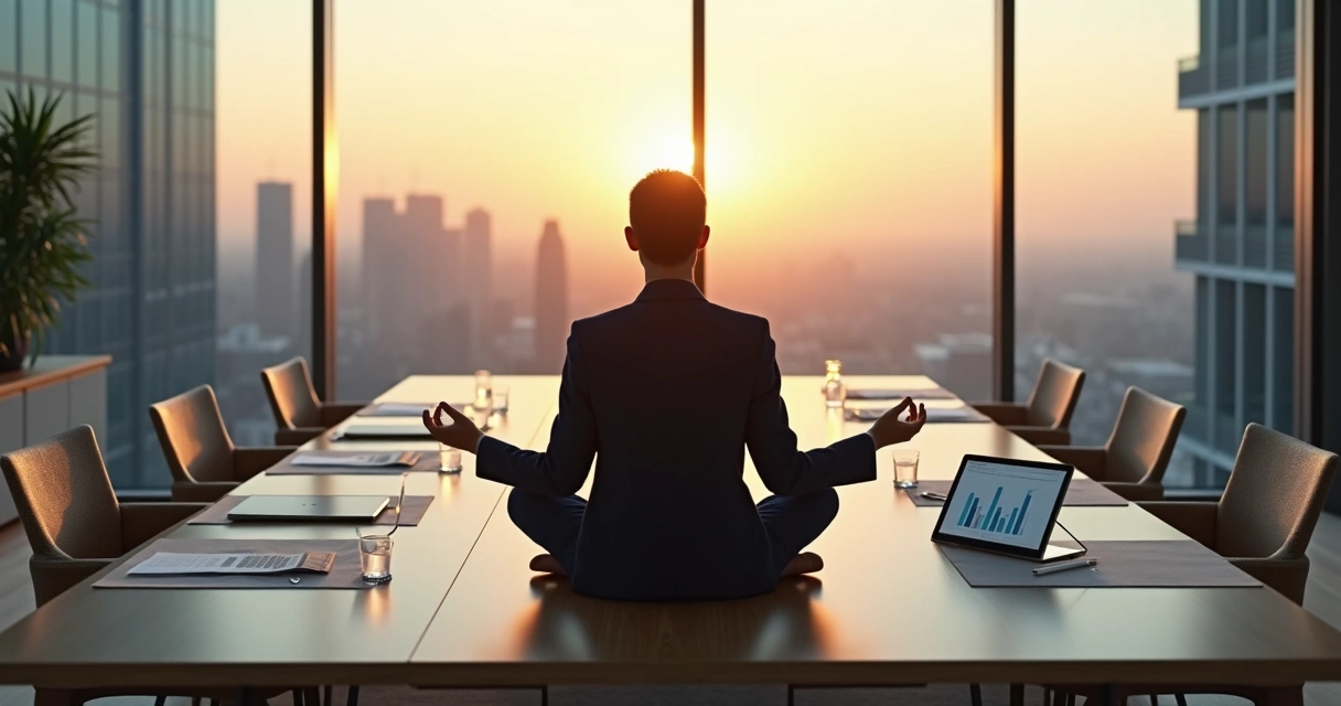 Líder sentado em meditação em sala de reunião antes de decisão crítica 