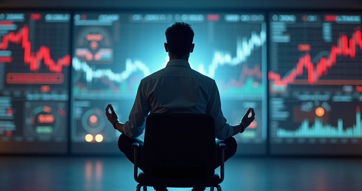 Líder sentado em meditação em frente a painéis com gráficos de crise 