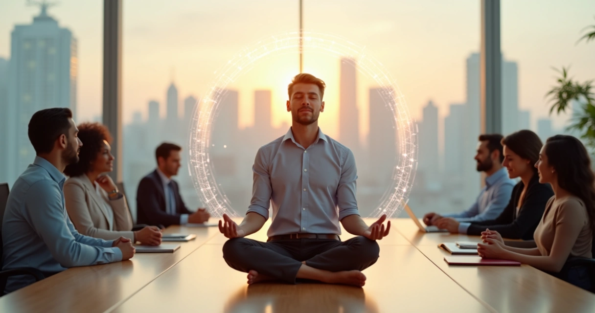 Líder sentado em meditação em sala de reunião moderna com equipe ao fundo 