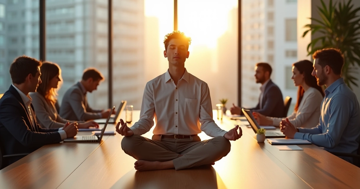 Líder sentado meditando em escritório moderno com equipe ao fundo 