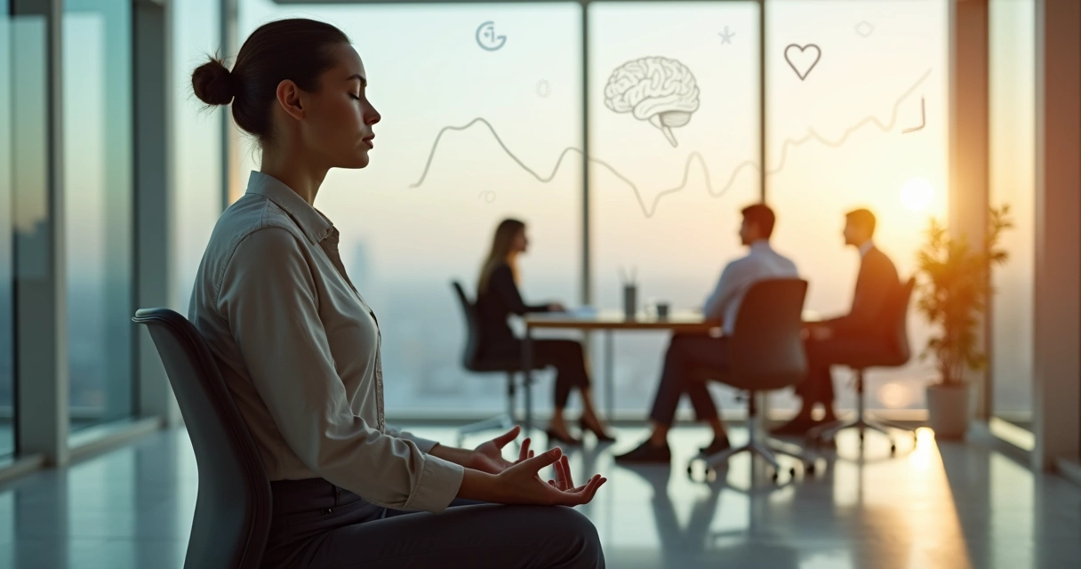 Líder em meditação com equipe desfocada ao fundo em sala corporativa 