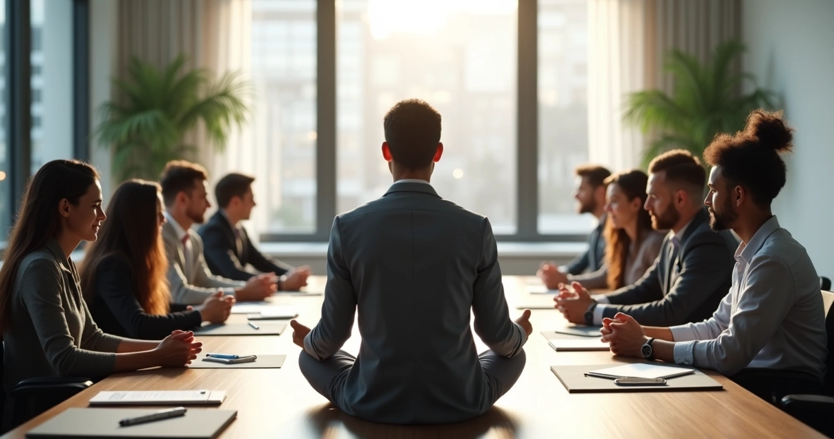 Líder sentado meditando mientras el equipo observa atento 