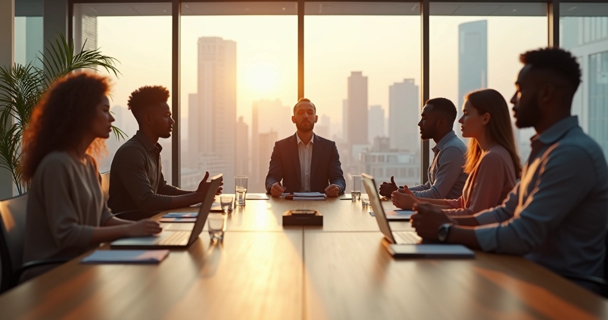 Líder meditando en sala de reunión con equipo atento y entorno moderno luminoso 