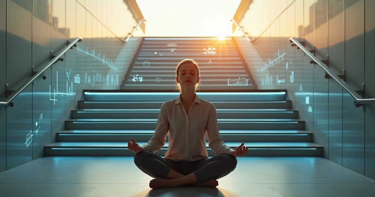 Líder meditando diante de escadas que se transformam em fluxo de decisões digitais 