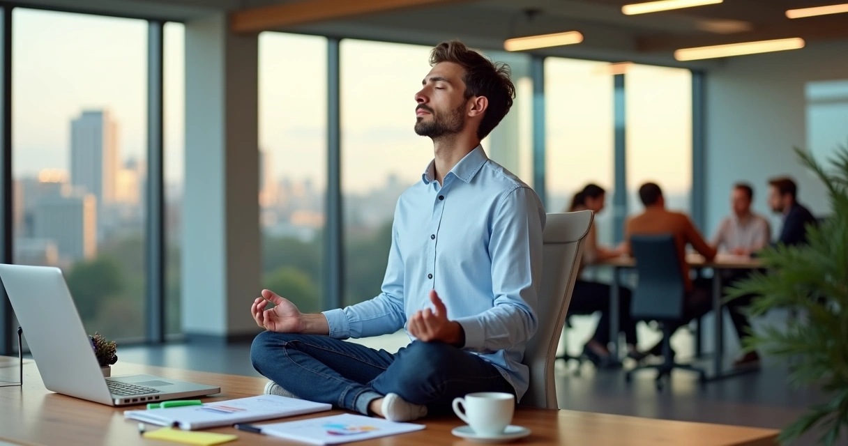 Líder de projetos meditando sentado no escritório moderno 