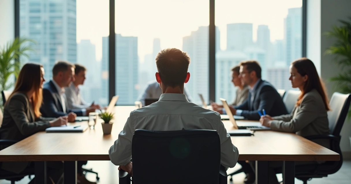 Líder em meditação sentado em sala de reunião com equipe ao fundo 