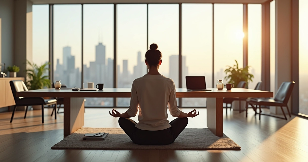 Líder sentado em posição de meditação em sala de reunião moderna 