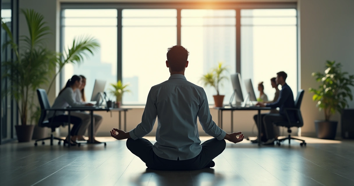 Pessoa sentada em posição de meditação, em meio a escritório moderno com luz suave e plantas. 