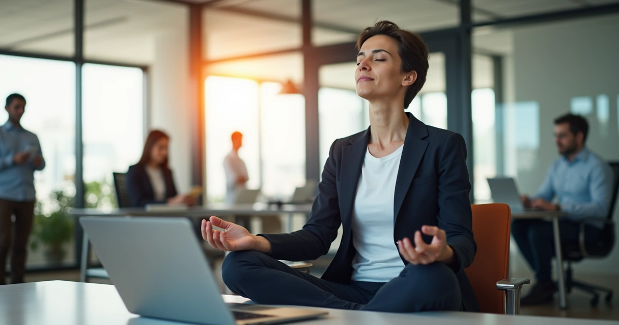 Líder sentado em cadeira meditando em escritório tranquilo