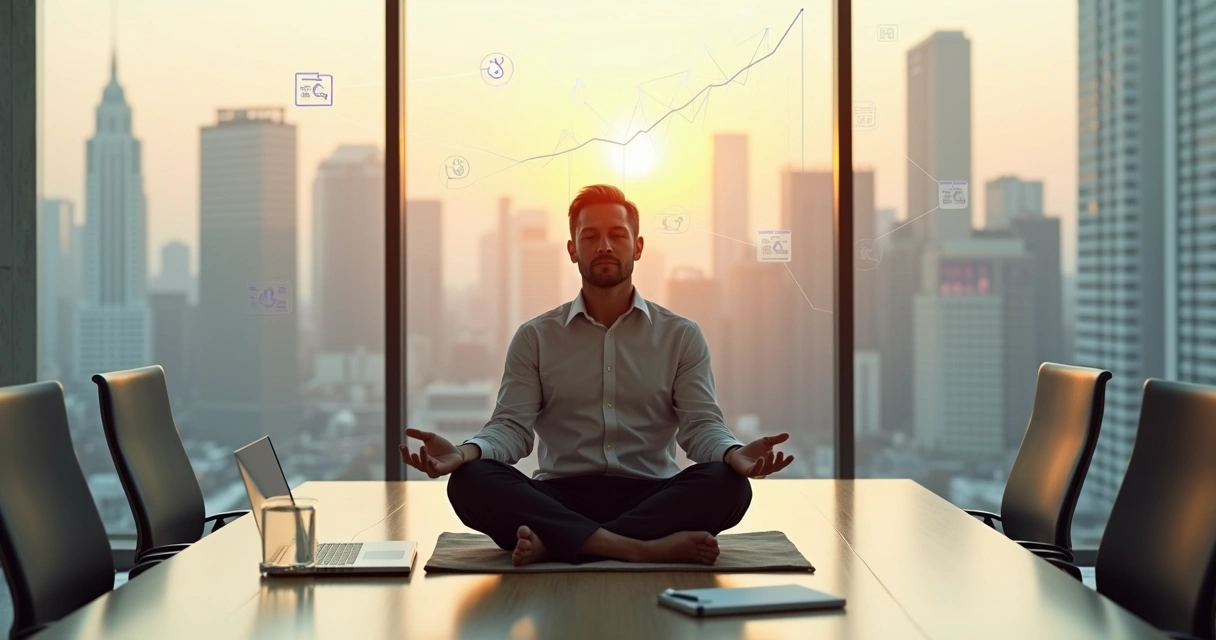Líder sentado em posição de meditação em sala de reunião moderna ao amanhecer 