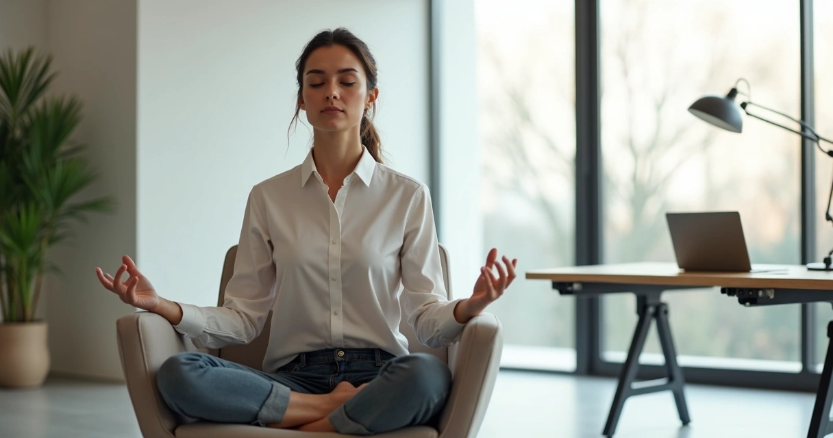 Líder sentado em posição de meditação em escritório moderno. 