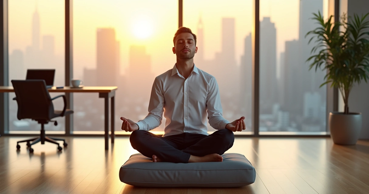 Líder sentado em postura de meditação em escritório moderno com vista para a cidade 