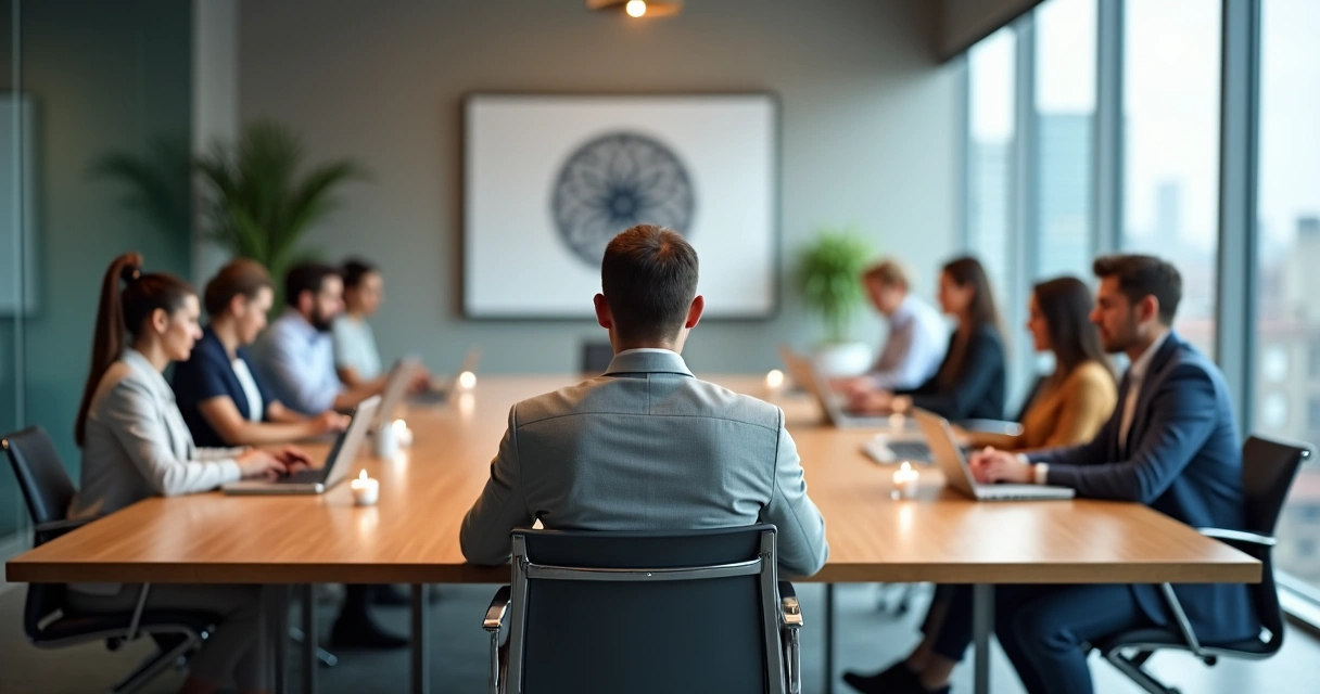 Líder de negócios meditando em sala de reunião com equipe ao fundo 