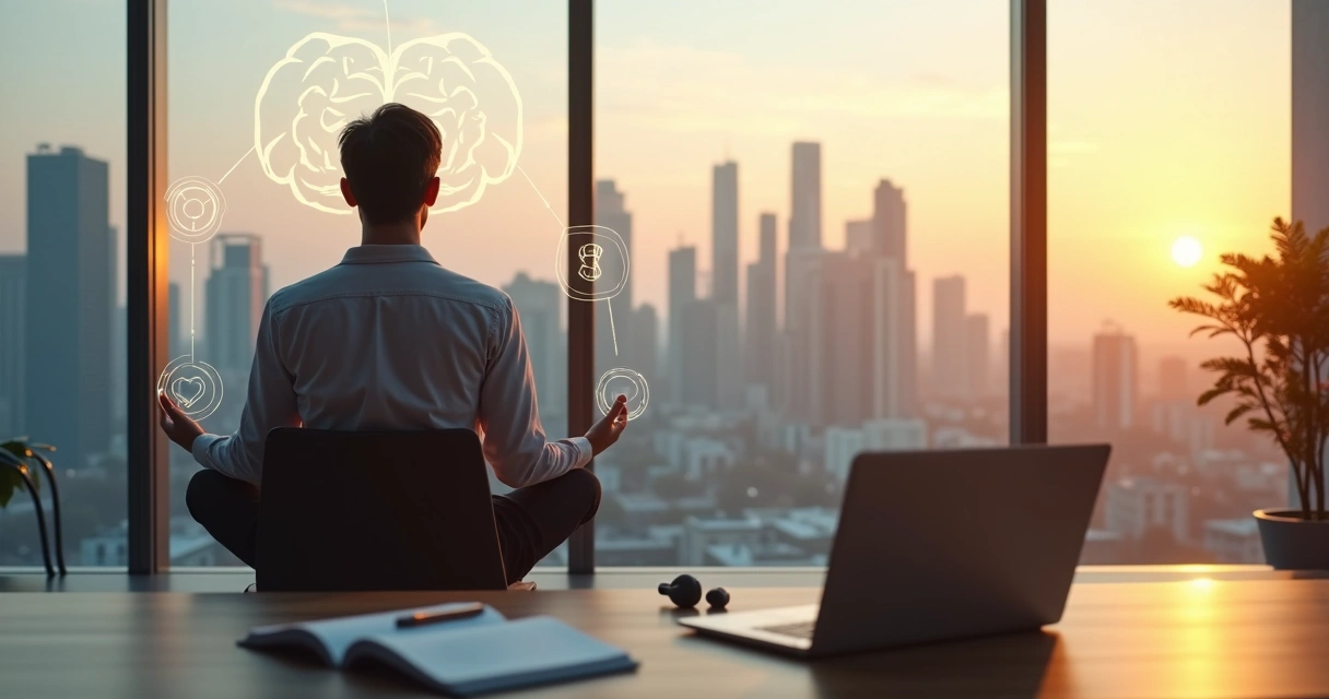 Líder de negócios meditando em escritório moderno com cidade ao fundo 