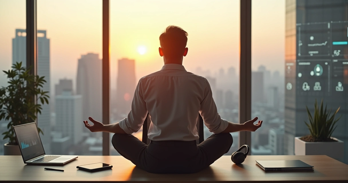 Líder em posição de meditação sentado em cadeira em escritório moderno com notebook aberto 
