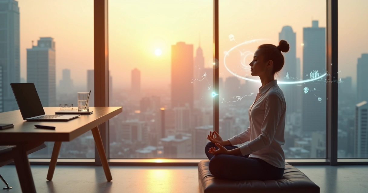 Líder sentado meditando em escritório moderno com vista para cidade 