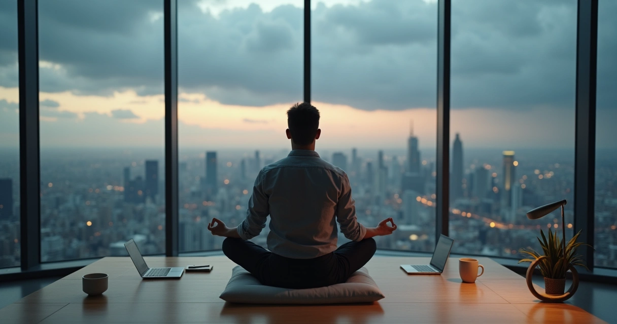 Líder sentado em meditação em escritório moderno com cidade ao fundo 