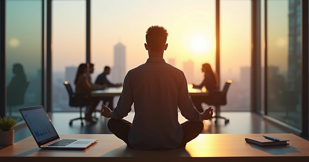 Líder meditando em escritório moderno com equipe ao fundo 