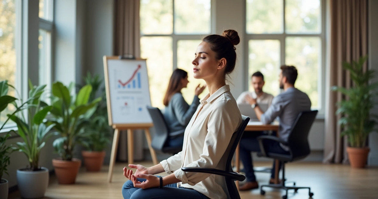 Líder sentado em meditação em escritório moderno com equipe ao fundo 
