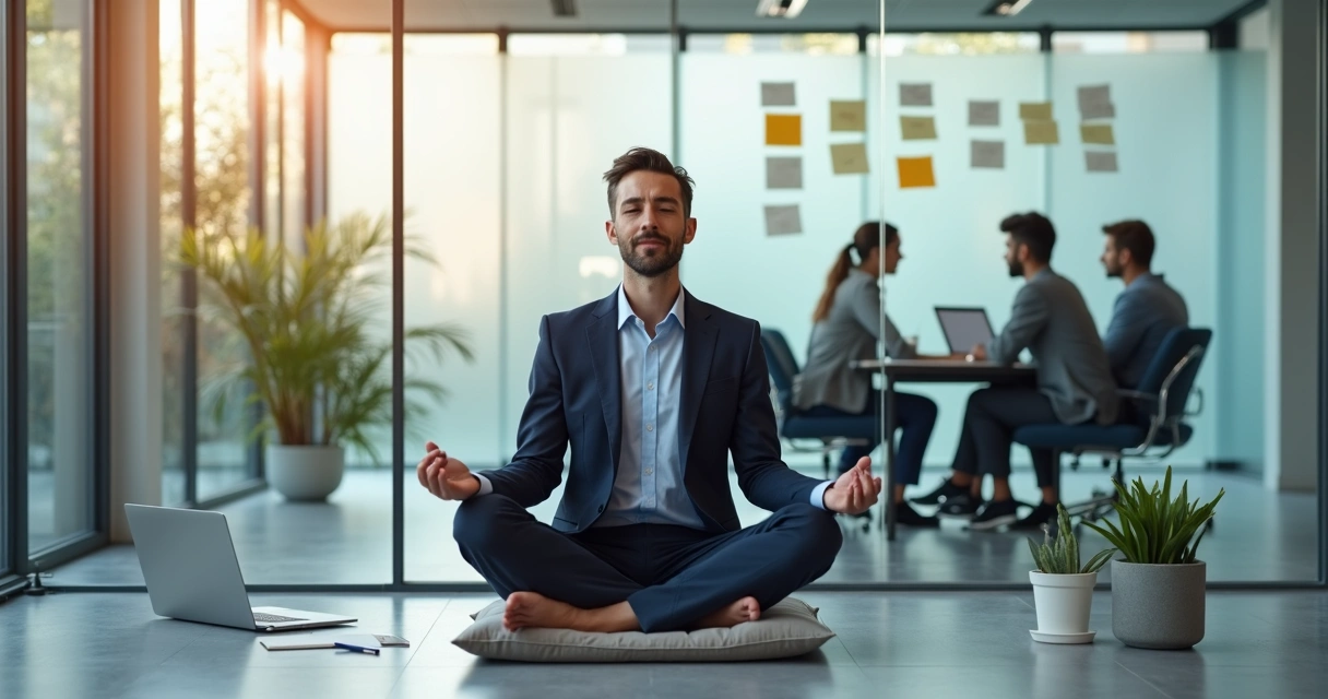 Líder sentado em meditação em um escritório moderno com equipe ao fundo 